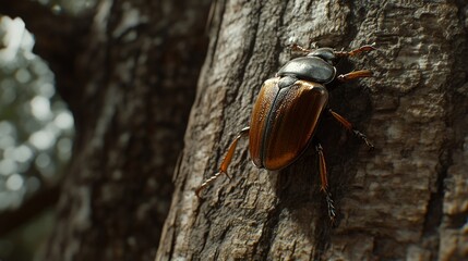 Poster - A detailed view of a beetle crawling on a tree bark, highlighting its shiny shell and the rough texture of the wood in the background