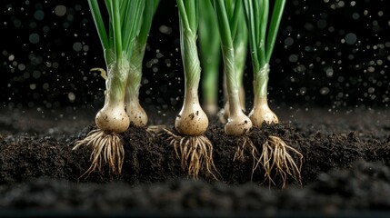 Poster - A dramatic shot of shallots being harvested from the soil, with dirt clinging to their roots and green tops, showcasing the farm-to-table concept