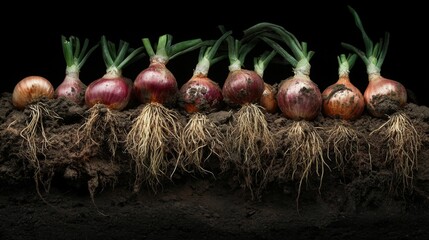 Poster - A dramatic shot of shallots being harvested from the soil, with dirt clinging to their roots and green tops, showcasing the farm-to-table concept