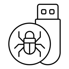 Fototapete - Flash drive with bug thin line icon, hacker attacks concept. Vector graphics. Hacker exploit, virus sign on white background, linear style for mobile or design.