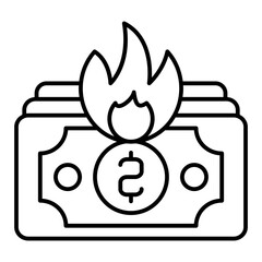 Poster - Banknote burn in fire thin line icon, insurance concept. Vector graphics. Banknotes money burnt, recovery sign on white background, linear style for mobile or design.