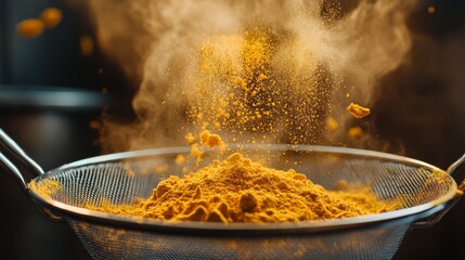 Poster - A dynamic shot of turmeric powder being sifted through a fine mesh strainer, with a cloud of yellow spice rising against a dark background for contrast