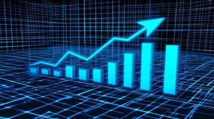 Poster - A futuristic D bar chart with tall, glowing columns and an upward trending arrow, hovering over a dark digital background filled with grid patterns