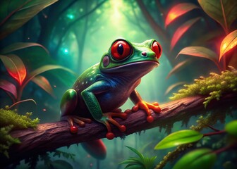 Poster - Surreal Neon Red-Eyed Tree Frog on Branch - Psychedelic Amphibian Stock Photo