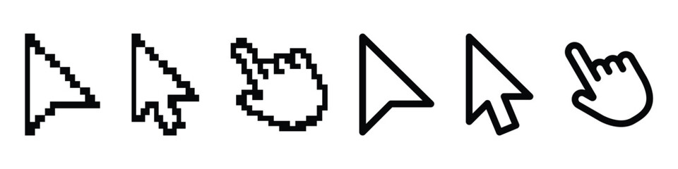 Poster - Computer mouse cursor icons. Cursors containing pointer, arrow and hand symbol with pixelated form. Transparent vector illustration.