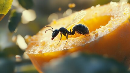 Poster - A high-quality image of an ant exploring a piece of fruit, with close-up detail of its antennae and legs, and a blurred background of the fruit.