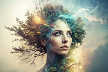 Poster - Surreal Double Exposure Portrait: Woman and Tree, Nature's Embrace