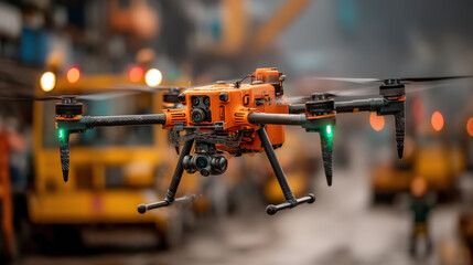 Poster - orange drone equipped with cameras and sensors hovers in industrial setting, performing autonomous inspections. background is blurred, highlighting drone advanced technology