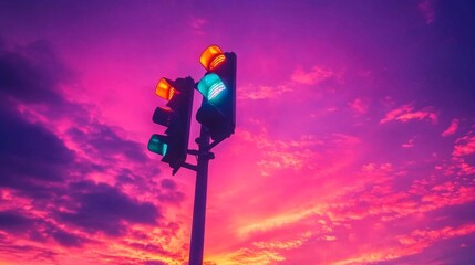 Poster - A low-angle shot of a traffic light against a vibrant sunset sky, with the light casting long shadows on the ground, creating a dramatic and colorful scene