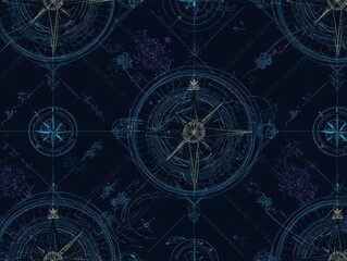 Nautical navigation design with compasses, maps, and celestial elements on a navy background, blending scientific precision and artistic appeal.