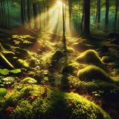 Wall Mural - sun onto moss and undergrowth