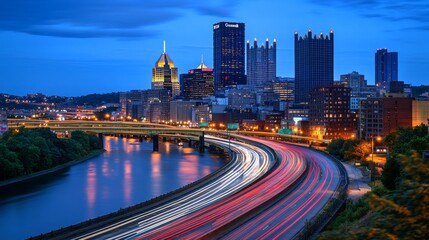 Poster - A scenic view of a bustling highway at night, with streams of car lights creating vibrant trails against the dark backdrop of a city skyline, showcasing urban transportation