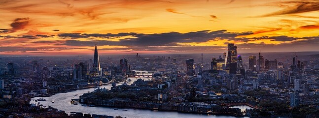 beautiful, panoramic view of the 2025 london skyline just after sunset with city lights and colorful