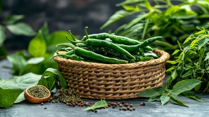 Poster - A serene image of fresh green chilies resting in a woven basket, surrounded by spices and aromatic herbs, capturing the essence of traditional cooking