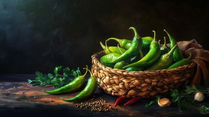 Poster - A serene image of fresh green chilies resting in a woven basket, surrounded by spices and aromatic herbs, capturing the essence of traditional cooking