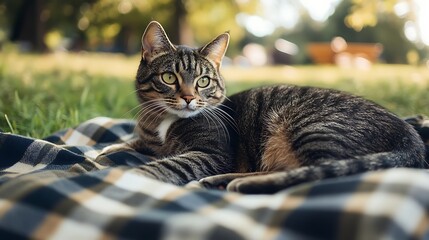 tabby cat relaxing on plaid blanket outdoors in summer sunlight