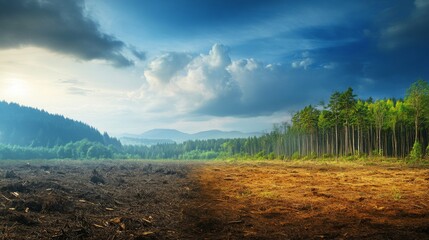 Poster - A stark contrast between a vibrant forest and an area devastated by logging, emphasizing the impact of human activity on natural ecosystems and global warming