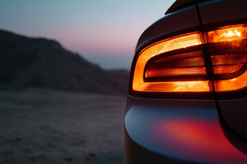 Poster - car taillights glow brightly against twilight sky in desert landscape, creating striking contrast with dim surroundings. scene evokes sense of solitude and adventure