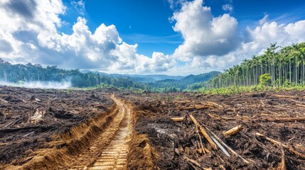 Poster - A stark contrast between a vibrant forest and an area devastated by logging, emphasizing the impact of human activity on natural ecosystems and global warming
