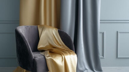 Aufkleber - Luxurious room with velvet chair draped in gold and silver fabrics, creating elegant and sophisticated atmosphere. plain walls enhance opulent feel