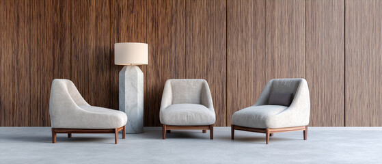 Poster - Modern armchairs and lamp are set against elegant wood paneling, creating serene and sophisticated atmosphere. minimalist design emphasizes comfort and style