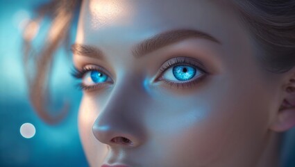Poster - Close-up view of a woman with striking blue eyes illuminated by soft light in a serene outdoor setting during twilight hours