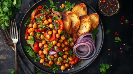Poster - A top-down view of a vibrant plate of chole bhature, featuring spicy chickpeas served with deep-fried bread, garnished with onion slices and fresh herbs