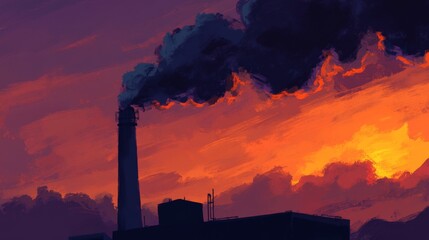 Poster - Black smoke slowly dispersing into the atmosphere from a factory stack, mixing with a dramatic sunset sky filled with deep orange and purple hues