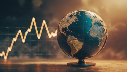Poster - Globes and economic trends illustrated through data visualization at sunset