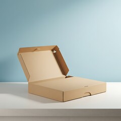 Poster - Opening Empty Pizza Box on White Counter Against Blue Background