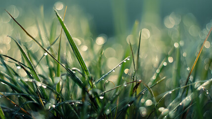 Poster - Close-up of dew-covered green grass blades, creating a fresh and vibrant appearance symbolizing nature's purity and morning freshness