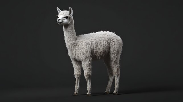 Standing Alpaca with Fluffy White Wool Coat on Dark Background