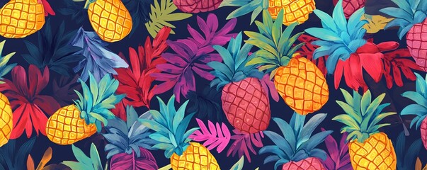 Aufkleber - Colorful pineapples and tropical leaves seamless pattern repeating background