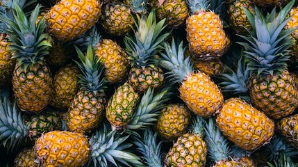 Poster - Fresh ripe pineapples forming a healthy background at a market stall