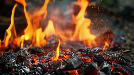 Poster - Burning embers and glowing flames create warmth and comfort, as vibrant orange and red colors dance above charcoal, perfect for outdoor cooking and barbecue gatherings.