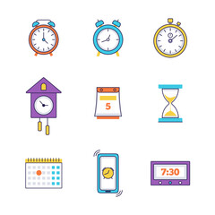Poster - Cartoon Color Different Alarm Clocks Set Concept Flat Design Style. Vector illustration of Hourglass, Stopwatch, Calendar and Digital Watch