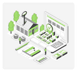 Poster - Real Estate Building with Money Coins and Charts 3d Isometric View. Vector illustration of Investment Concept