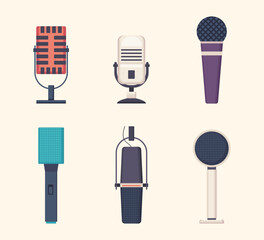 Poster - Cartoon Color Different Microphone Clip Set Record Studio Device Concept Flat Design Style. Vector illustration od Mic