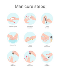 Poster - Cartoon Color Manicure Steps Guide Nail Care Procedure Concept Banner Card Flat Design Style. Vector illustration