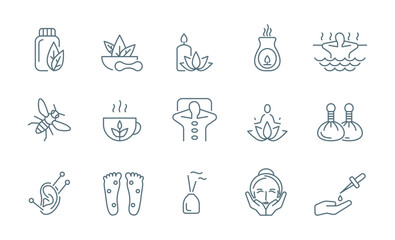 Poster - Holistic Medicine Sign Black Thin Line Icon Set. Vector illustration of Aromatherapy, Homeopathy and Acupuncture Icons