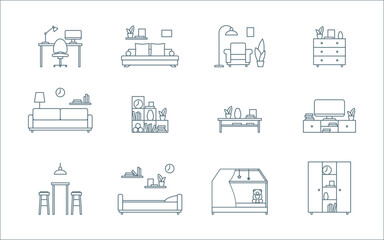 Poster - Furniture Object Sign Black Thin Line Icon Set for Home and Office. Vector illustration of Workplace and Living Room Icons