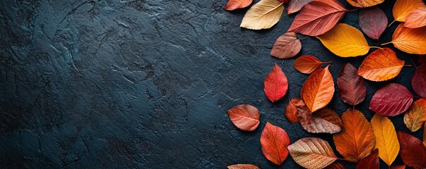 Aufkleber - Colorful autumn leaves forming right border on dark background
