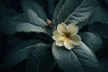 Poster - Close-up of pale yellow flower with textured gray-green leaves, creating a serene and natural image, showcasing delicate beauty and organic texture, ideal for nature or botanical themes