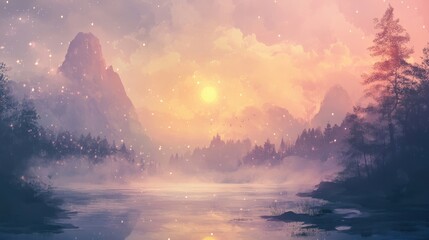 Wall Mural - Wallpaper with soft gold-pink glow on a misty textured canvas
