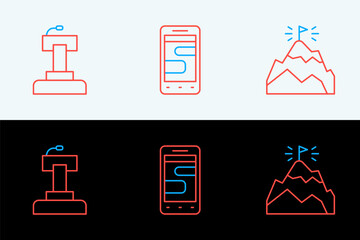 Poster - Set line Mountains with flag, Stage stand or tribune and Chat messages on phone icon. Vector
