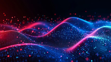 Fototapete - Abstract Glowing Data Waves with Blue and Red Particles Background
