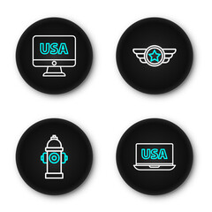 Poster - set line usa on laptop, fire hydrant, star american military and monitor icon. vector