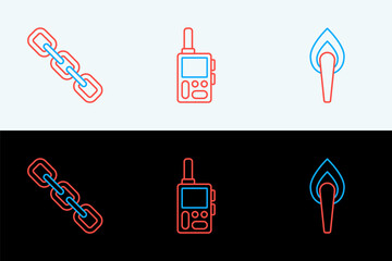  - set line torch flame, chain link and walkie talkie icon. vector
