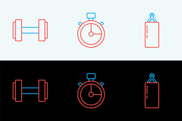 Poster - Set line Punching bag, Dumbbell and Stopwatch icon. Vector