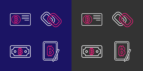  - set line mining bitcoin from tablet, cryptocurrency, chain link and credit card with icon. vector